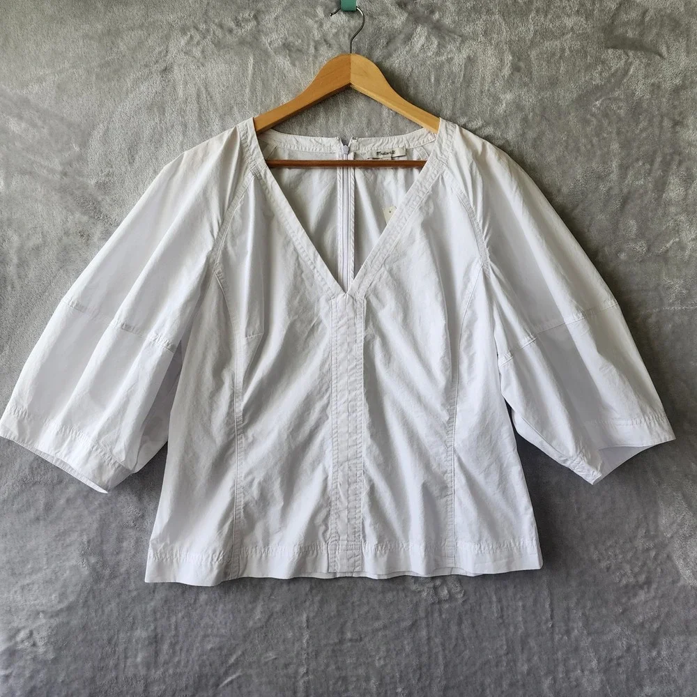 Madewell Top Womens Size 14 White Cotton Poplin Puff Sleeve Sculptural Shirt NWT